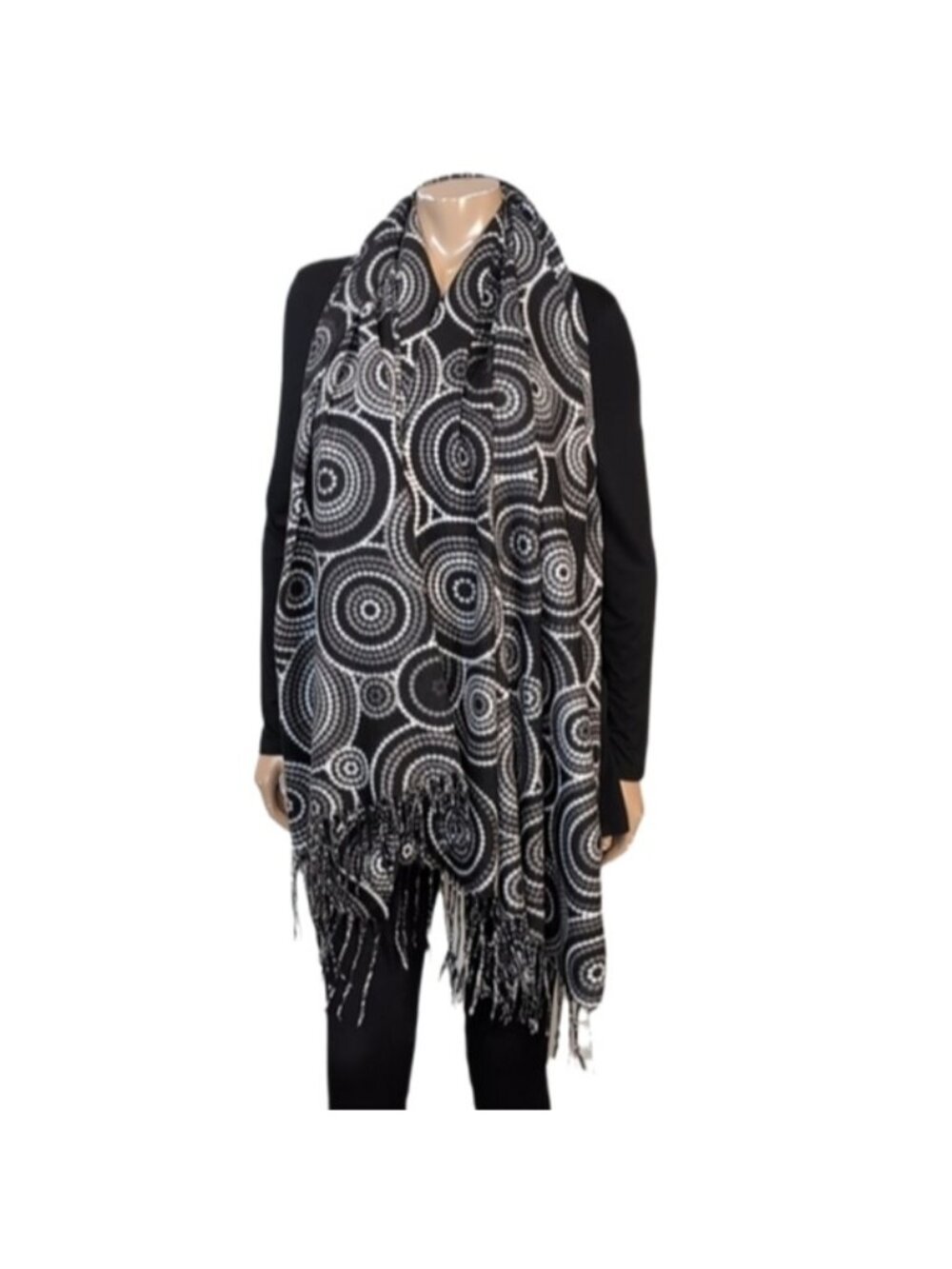 💠Caracol Unisex Large Fringe Scarf Geometric Circle Black Grey Fall Winter